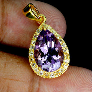 925 Sterling Silver Pendant Pear Amethyst 15x10mm White Topaz Gemstone Jewelry