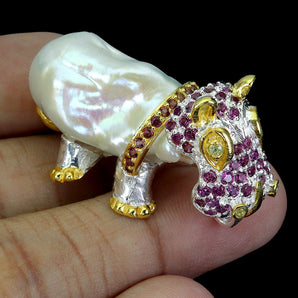 925 Sterling Silver Pendant Round Rhodolite Pearl Hippocampus Gemstone Jewelry