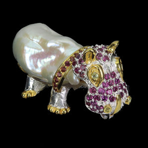 925 Sterling Silver Pendant Round Rhodolite Pearl Hippocampus Gemstone Jewelry