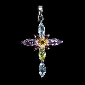 925 Sterling Silver Pendant Marquise Blue Topaz Citrine Cross Gemstone Jewelry