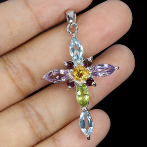 925 Sterling Silver Pendant Marquise Blue Topaz Citrine Cross Gemstone Jewelry