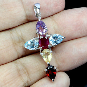 925 Sterling Silver Pendant Oval Ruby Amethyst Citrine Cross Gemstone Jewelry