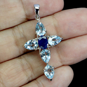925 Sterling Silver Pendant Oval Blue Sapphire 7x5mm Topaz Gemstone Jewelry