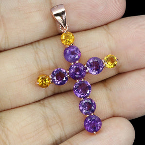 925 Sterling Silver Pendant Round Amethyst 5mm Citrine Cross Gemstone Jewelry
