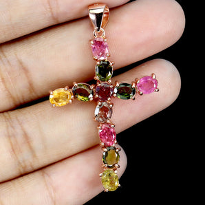 925 Sterling Silver Pendant Oval Tourmaline 4x3mm Cross Natural Gemstone Jewelry