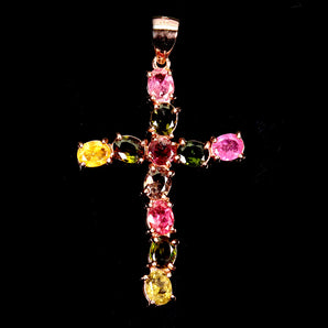 925 Sterling Silver Pendant Oval Tourmaline 4x3mm Cross Natural Gemstone Jewelry