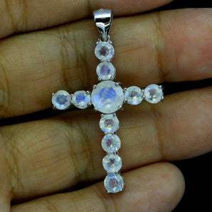 925 Sterling Silver Pendant Round Moonstone 6.5mm Cross Natural Gemstone Jewelry