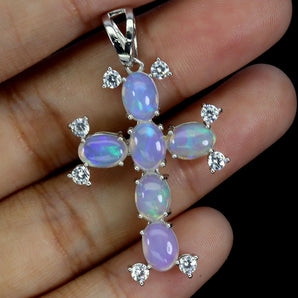 925 Sterling Silver Pendant Oval Fire Opal 7x5mm Cross Natural Gemstone Jewelry