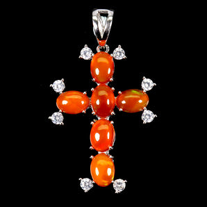 925 Sterling Silver Pendant Oval Orange Opal 7x5mm Cross Gemstone Jewelry
