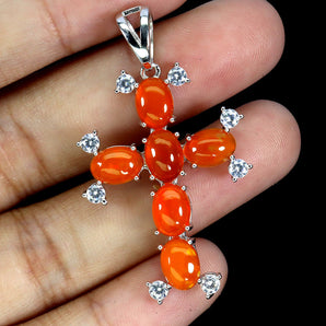 925 Sterling Silver Pendant Oval Orange Opal 7x5mm Cross Gemstone Jewelry