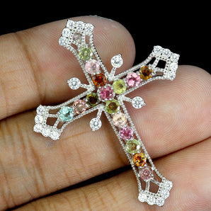 925 Sterling Silver Pendant Round Tourmaline 3.5mm Cross Gemstone Jewelry