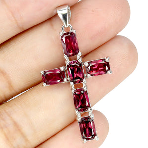 925 Sterling Silver Pendant Octagon Rhodolite 6x4mm Cross Gemstone Jewelry