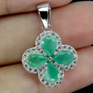925 Sterling Silver Pendant Pear Emerald 6x4mm Flower Natural Gemstone Jewelry