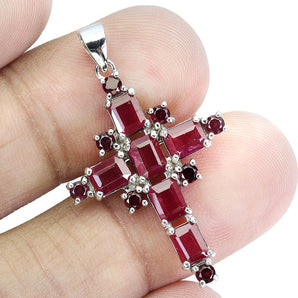 925 Sterling Silver Pendant Octagon Ruby 5x3mm Cross Natural Gemstone Jewelry