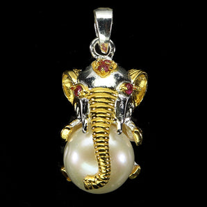 925 Sterling Silver Pendant Round Ruby Myanmar Pearl Elephant Gemstone Jewelry