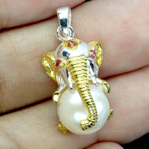 925 Sterling Silver Pendant Round Ruby Myanmar Pearl Elephant Gemstone Jewelry