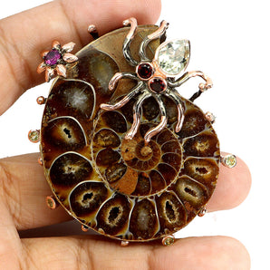 925 Sterling Silver Pendant Ammonite Fossil 50x40mm Handmade Gemstone Jewelry