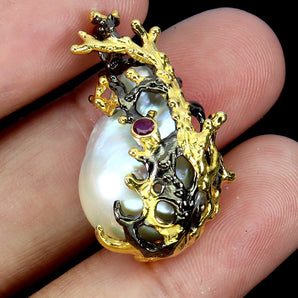 925 Sterling Silver Pendant Round Ruby Myanmar Pearl Natural Gemstone Jewelry