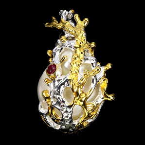 925 Sterling Silver Pendant Round Ruby Myanmar Pearl Natural Gemstone Jewelry