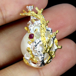 925 Sterling Silver Pendant Round Ruby Myanmar Pearl Natural Gemstone Jewelry