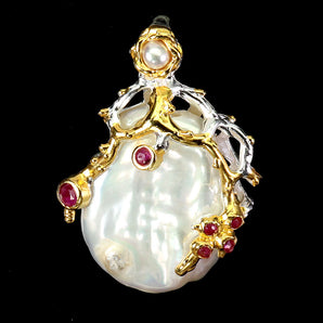 925 Sterling Silver Pendant Round Ruby Myanmar Pearl Natural Gemstone Jewelry
