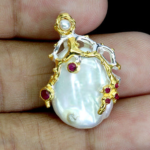 925 Sterling Silver Pendant Round Ruby Myanmar Pearl Natural Gemstone Jewelry