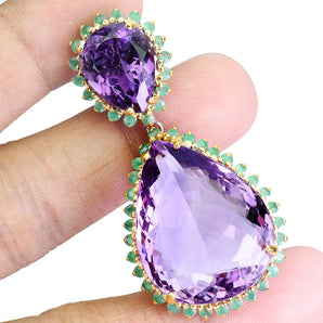 925 Sterling Silver Pendant Pear Amethyst 64ct Emerald Handmade Gemstone Jewelry
