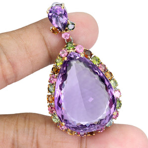 925 Sterling Silver Pendant Pear Amethyst 68ct Tourmaline Handmade Gemstone