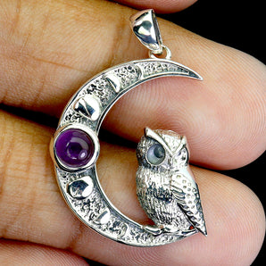 925 Sterling Silver Pendant Round Amethyst 5mm Owl Natural Gemstone Jewelry