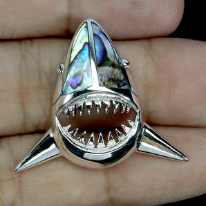 925 Sterling Silver Pendant Fancy Mother Of Pearl Shark Gemstone Jewelry