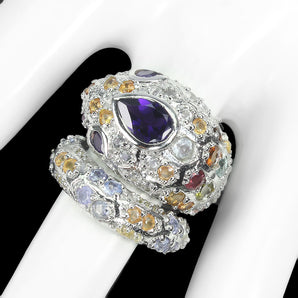 Unheated Pear Amethyst Sapphire Gems 925 Sterling Silver Cobra Ring Size 7.5