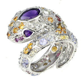 Unheated Pear Amethyst Sapphire Gems 925 Sterling Silver Cobra Ring Size 7.5