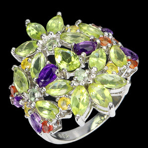 Unheated Pear Peridot 6x4mm Amethyst Sapphire 925 Sterling Silver Ring Size 8