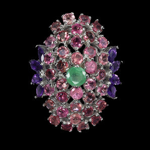 925 Sterling Silver Ring Round Emerald Amethyst Tourmaline Gemstone jewelry Sz 9