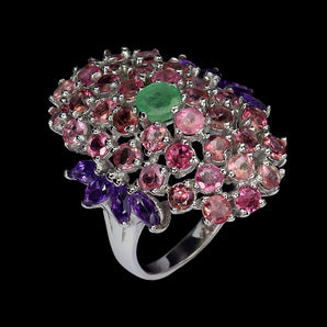925 Sterling Silver Ring Round Emerald Amethyst Tourmaline Gemstone jewelry Sz 9