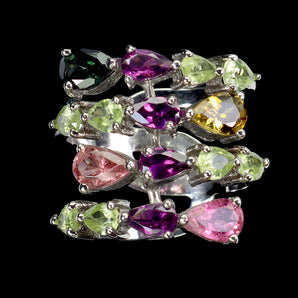 925 Sterling Silver Ring Pear Tourmaline Peridot Rhodolite Gemstone jewelry 8.5