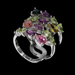 925 Sterling Silver Ring Pear Tourmaline Peridot Rhodolite Gemstone jewelry 8.5