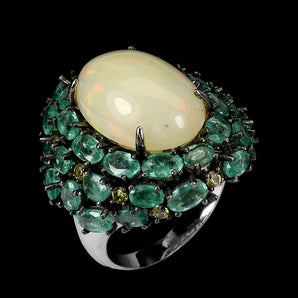925 Sterling Silver Ring Handmade Oval Fire Opal 7ct Emerald Gemstone jewelry 9