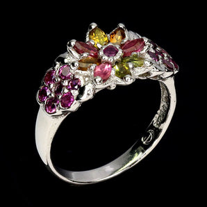925 Sterling Silver Ring Marquise Tourmaline Rhodolite Gemstone Jewelry Size 8.5