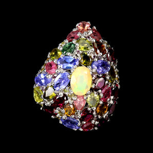 925 Sterling Silver Ring Oval Fire Opal Tanzanite Tourmaline Gemstone Jewelry