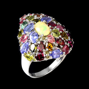 925 Sterling Silver Ring Oval Fire Opal Tanzanite Tourmaline Gemstone Jewelry