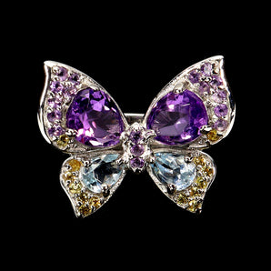 925 Sterling Silver Ring Pear Amethyst Aquamarine Sapphire Gemstone Butterfly