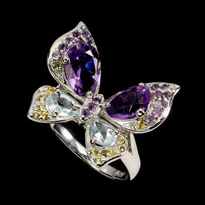 925 Sterling Silver Ring Pear Amethyst Aquamarine Sapphire Gemstone Butterfly