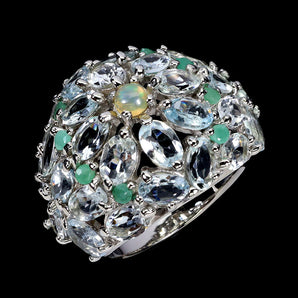925 Sterling Silver Ring Aquamarine 6x4mm Emerald Fire Opal Gemstone Jewelry