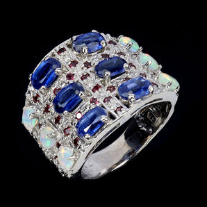 925 Sterling Silver Ring Oval Kyanite 6x4mm Fire Opal Garnet Gemstone Jewelry