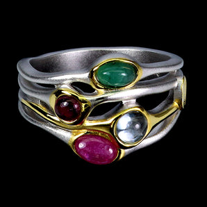 925 Sterling Silver Ring Oval Emerald Topaz Ruby Handmade Gemstone Jewelry