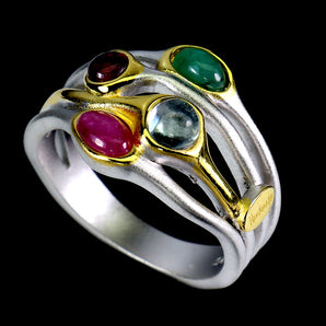 925 Sterling Silver Ring Oval Emerald Topaz Ruby Handmade Gemstone Jewelry