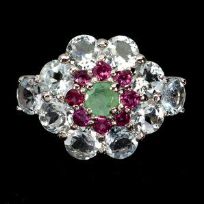 925 Sterling Silver Ring Round Aquamarine Emerald Rhodolite Gemstone Jewelry 9