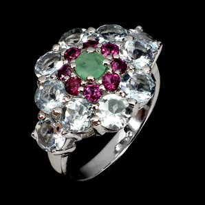 925 Sterling Silver Ring Round Aquamarine Emerald Rhodolite Gemstone Jewelry 9