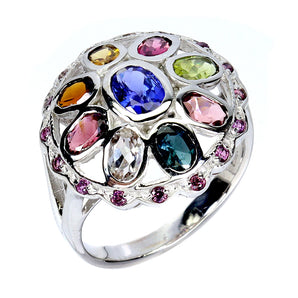 925 Sterling Silver Ring Oval Kyanite 6x4mm Rhodolite Tourmaline Jewelry Sz 7.5